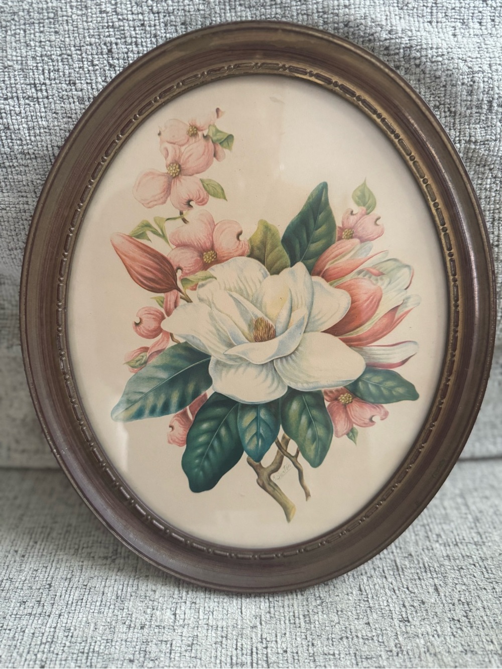 Vintage Oval Floral Wall Art - White Magnolia & Pink Blooms
